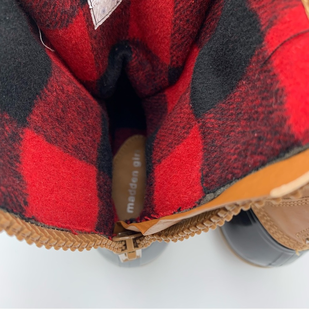Madden Girl Flurry Duck Rain Boot Tan Black Women Sz 6.5 Fleece Plaid Lining EUC - Picture 12 of 14